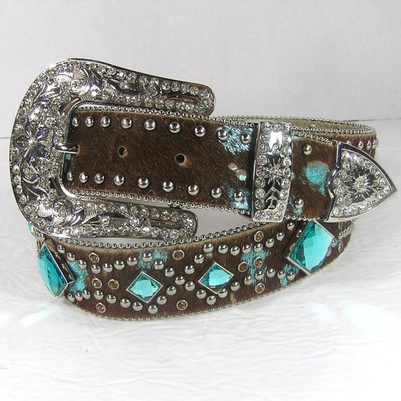 ANGEL RANCH CALF HAIR LEATHER BELT SIZE XL STUDS FAUX GEMS - Picture 8 of 16